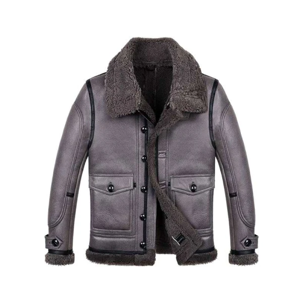 Stylish Grey Sheepskin Shearling Aviator Leather Jacket
