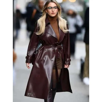 Sydney Sweeney Maroon Leather Coat