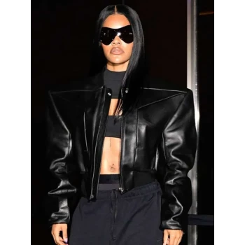 Teyana Taylor Shiny Black Leather Jacket Teyana Taylor Shiny Black Leather Jacket