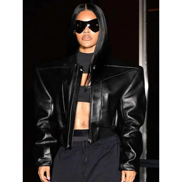 Teyana Taylor Shiny Black Leather Jacket