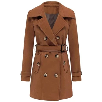 Women Brown Double Breasted Winter Mid Length Coat