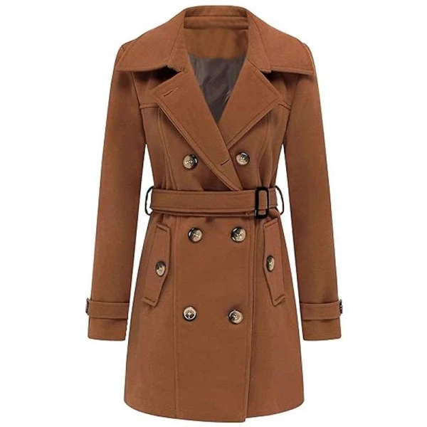 Women Brown Double Breasted Winter Mid Length Coat
