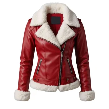 Women Red Christmas Shearling Leather Jacket