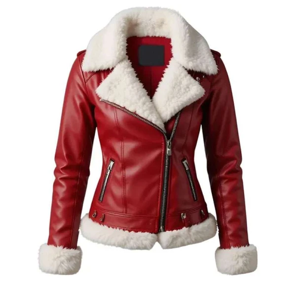 Women Red Christmas Shearling Leather Jacket