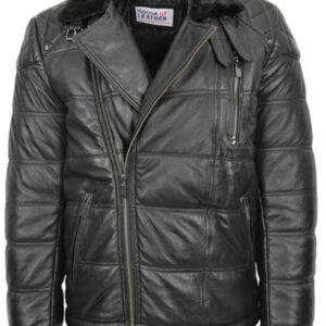 Men Leather Biker Style Puffer Black Jacket.jpg